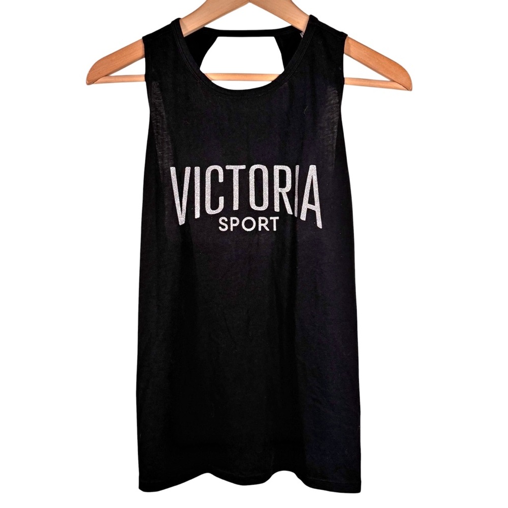 Victoria Sport Tank Top Size Medium Black Silver Glitter Logo Open Back Relaxed